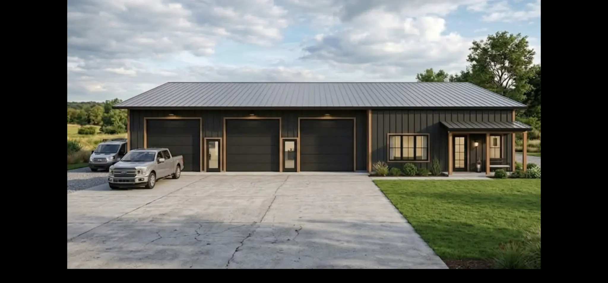 Dark barndominium with three garage bays and covered porch — KC Construction design