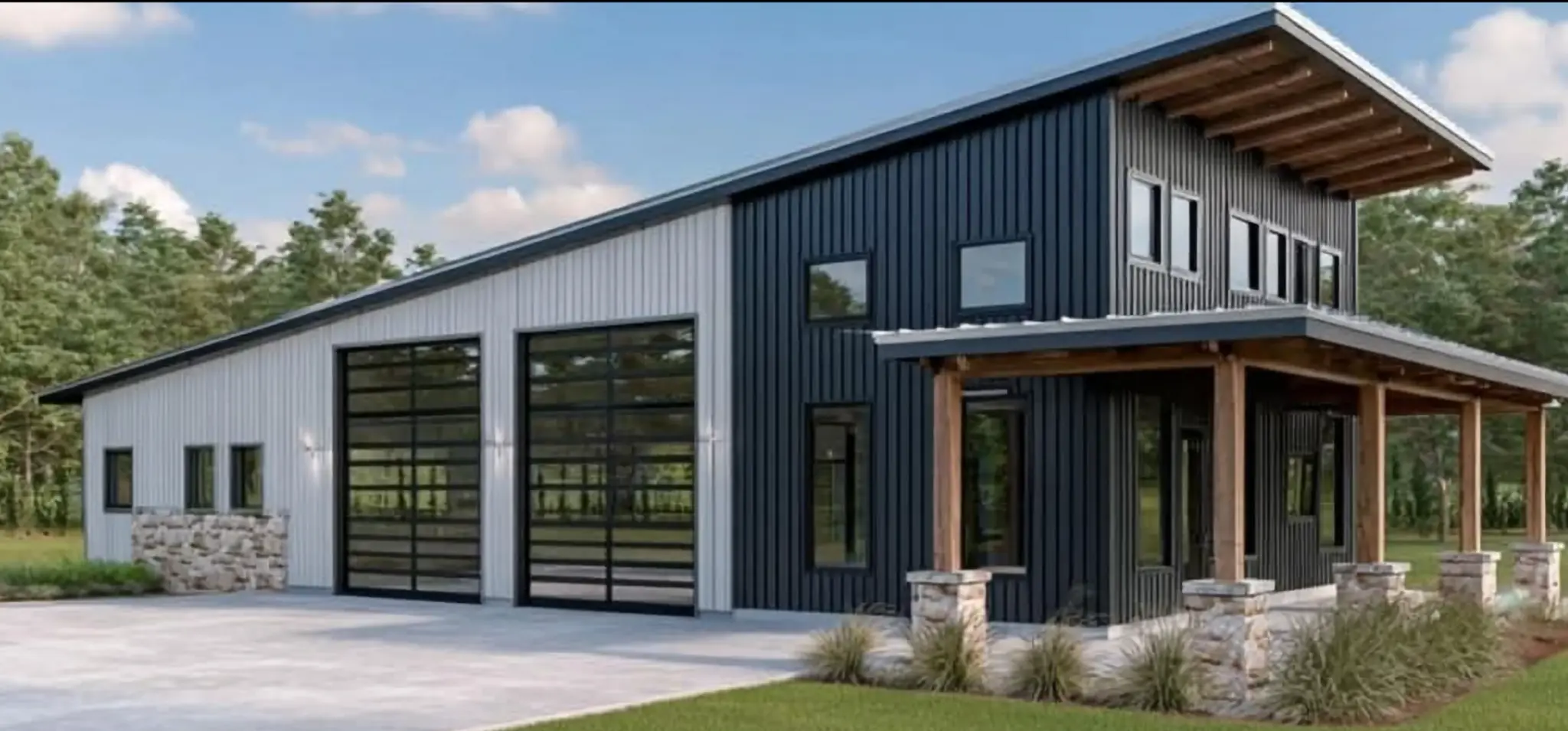 Two-story barndominium exterior design render by KC Construction