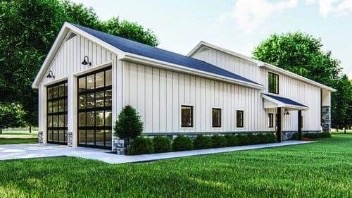 White barndominium with black roof and glass garage door design concept